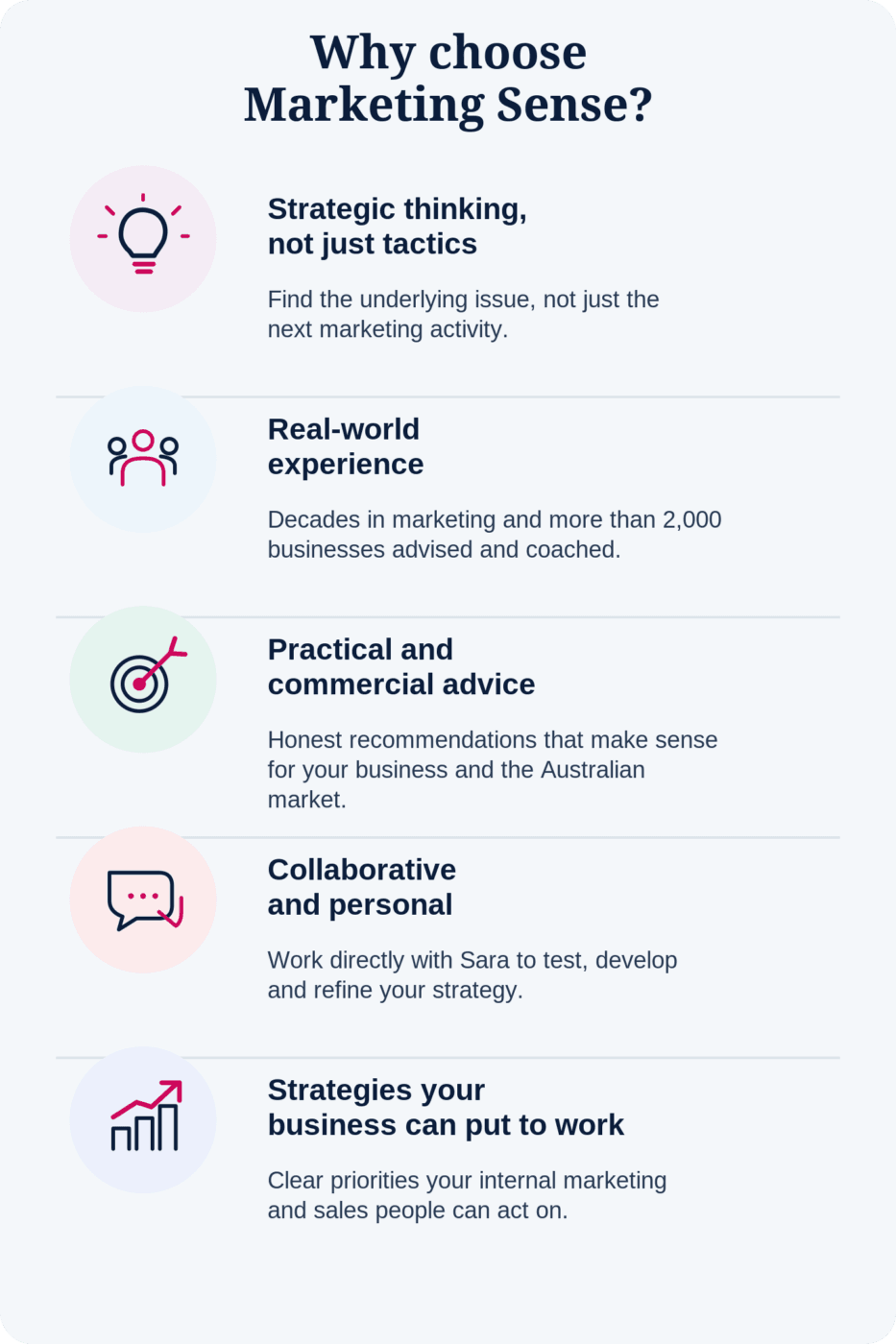 Five reasons to choose Marketing Sense: strategic thinking, experience, commercial advice, collaboration, and practical strategies.